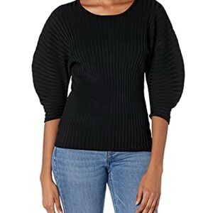 BCBGMAXAZRIA Women's Sweater with 3/4 Poof Sleeves and Crew Neck, Black, Large